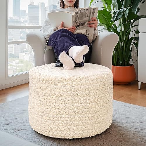 Round Pouf Ottoman 20 x 20 x 14 Inches Boho Poof Home Decor Floor Pouffe Ottoman Foot Rest for Couch Sofa Bean Bag Chairs Living Room Bedroom (Linen White)