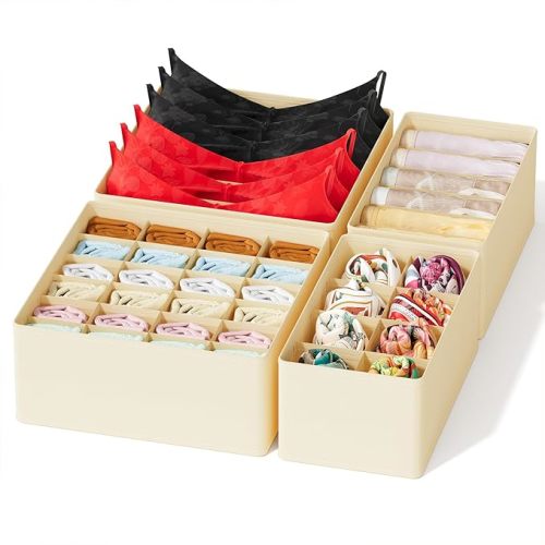 SpaceAid Sock Drawer Organizer Divider 3 Pack, 64 Cell Dresser Closet Nursery Underwear Organizers Storage Bins for Organizing Socks Underwear Ties Belts (Beige)