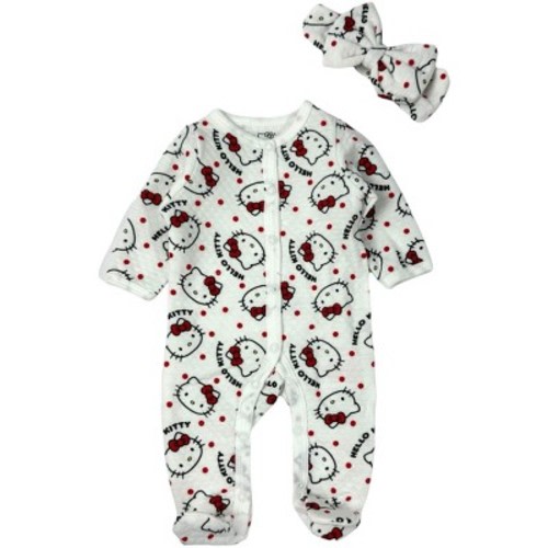 Hello Kitty Baby Girls' 2-Piece Footed Coverall With Bow Headband, White, Newborn