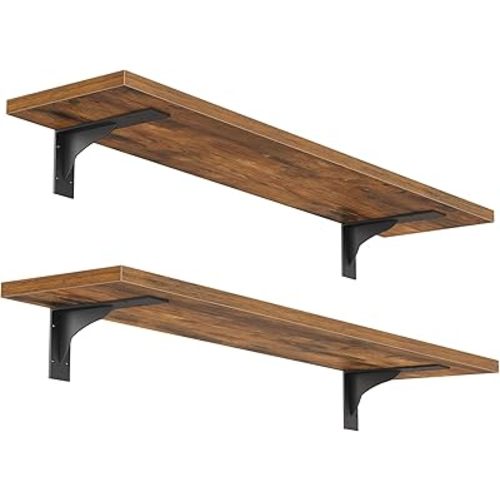 HOOBRO Floating Shelves for Wall, 23.6" Wall Mounted Shelves Set of 2, Hanging Storage Shelf with Metal Brackets, Wooden Shelf for Living Room, Bedroom, Bathroom, Rustic Brown and Black BF62BJP201G1