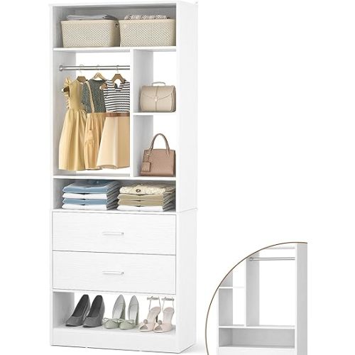 24 Inches Closet System with 2 Wood Drawers, 2FT Small Closet Organizer System with 6 Shelves, Walk-in Closet Systems for Small Closets, Built-In Garment Rack, White (24"L x 15"W x 80"H)