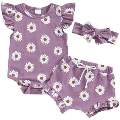 Hnyenmcko Newborn Baby Girl Clothes Daisy Print Fly Sleeve Romper Ruffle Bloomer Shorts Headband Set Infant Summer Outfits