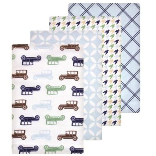 Luvable Friends Hudson Baby Infant Cotton Poly Flannel Receiving Blankets 4pk, Sky Blue Vehicles