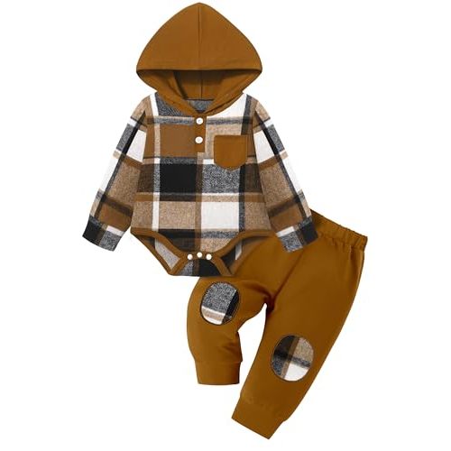 Fommy Baby Boy Clothes Flannel Plaid Outfits Long Sleeve Hoodie Romper Fall Winter 2 Pcs Clothes for Boy