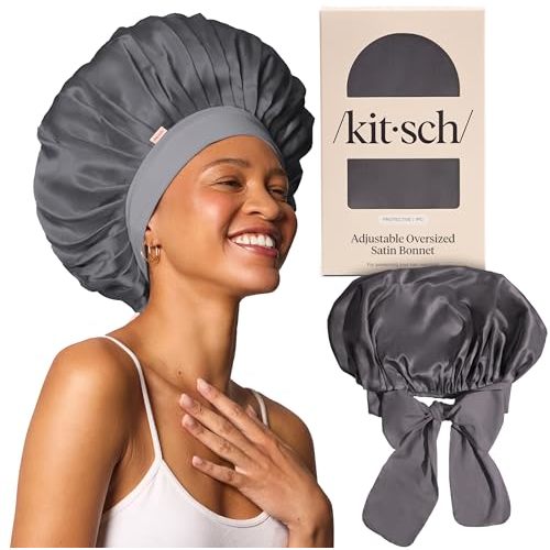 Kitsch XL Satin Bonnet for Sleeping - Softer Than Silk Bonnet For Sleeping Women - Secure Fit, Adjustable, Night Cap For Curly & Textured Hair - Prevents Breakage, Tangles & Thinning - Charcoal