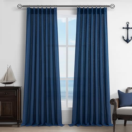 Thick Linen Denim Blue Viral Sheer Curtains 96 Inches Long for Bedroom 2 Panels Set, Pinch Pleat Light Filtering Aesthetic Drapes with Back Tab Ceiling Track for Boys Room Decor Curtain 96 Inch Length