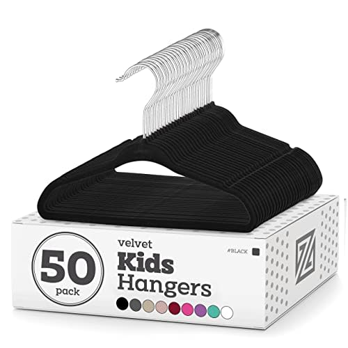 Zober Velvet Kids Hangers for Closet - Pack of 50 Non Slip Childrens Hangers for Shirts, Pants & Dresses w/Swivel Hook - Durable Clothes Hanger w/Notches - Small Hangers - Black