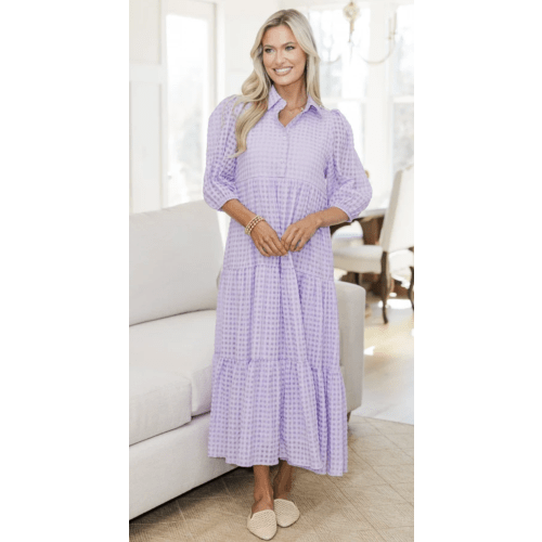 NURSING COLLECTION: Love Found Lavender Gingham Tiered Midi Dress