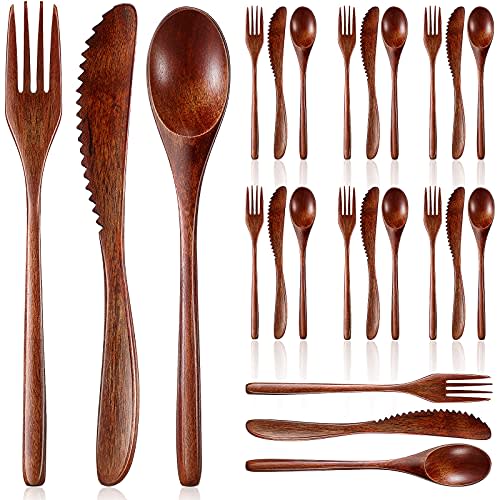 Geiserailie 24 Pcs Wooden Utensils for Eating Wooden Spoon Fork Knife Cutlery Set Kitchen Wood Dinner Flatware Tableware Set Includes Spoon, Fork, Knife
