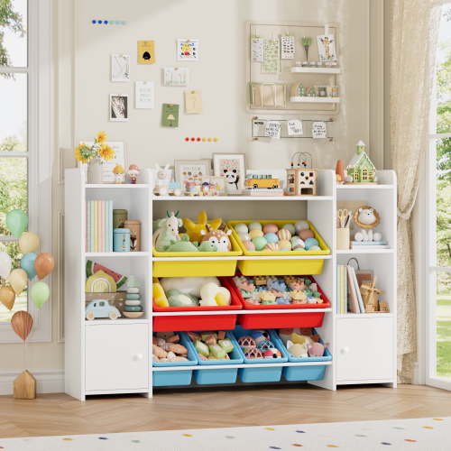 Homfa Kids Toy Cubby Bookcase with 9 Bins White Storage Organizer Bookshelf with 2 Doors