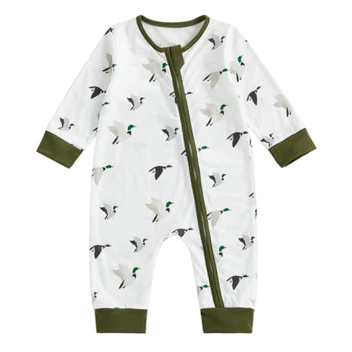 Biayxms Infant Baby Boy Girl Mallard Duck Romper Jumpsuit Long Sleeve Zip Up Duck One Piece Overalls Hunting Baby Clothes