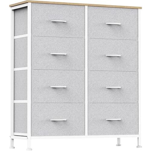 OLIXIS Fabric Dresser Storage Tower 8 Drawer Organizer with Wooden Top and Metal Frame for Bedroom Living Room Closet Entryway, Light Grey