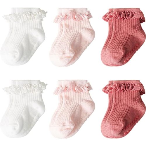 AQOKKA Baby Girl Toddlers Socks with Non-slip Grip Cute Frilly Ruffle Ankle Soft Cotton Newborn Baby Socks for Infant Kids