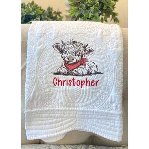 Personalized Highland Cow Baby Quilt | Custom Embroidered Baby Blanket | Farm Nursery Decor