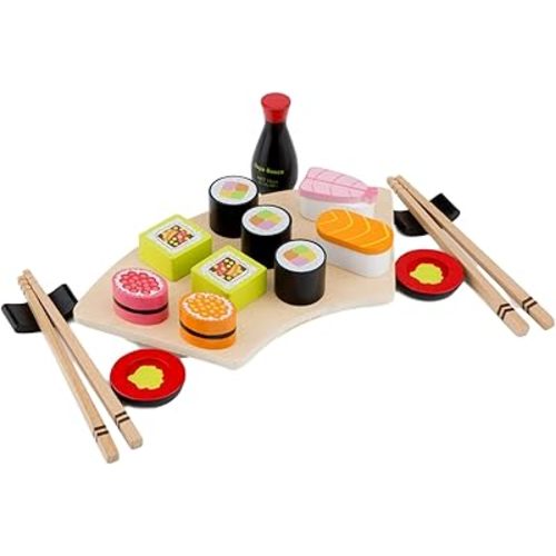 New Classic Toys Wooden Sushi Set - Pretend Play Toy for Kids Cooking Simulation Educational Toys and Color Perception Toy for Preschool Age Toddlers Boys Girls