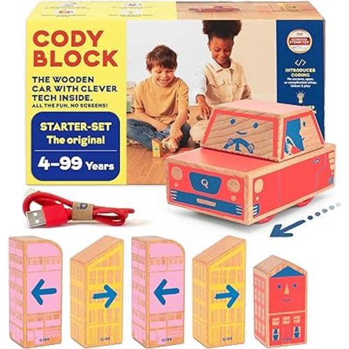 Cody Block Starter Set, Educational Wooden Building Blocks Coding and Car STEM Toys for Preschool Kids Ages 4+, Screen Free