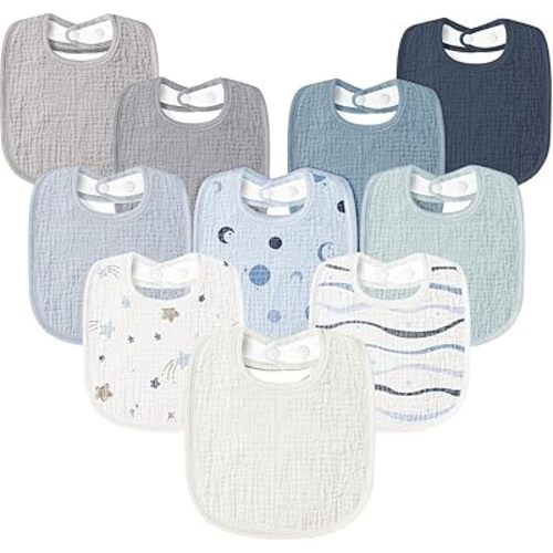 Susurration Muslin Baby Drool Bibs 10Pack Soft Square Adjustable Bandana Bibs for Unisex Baby Girls & Boys