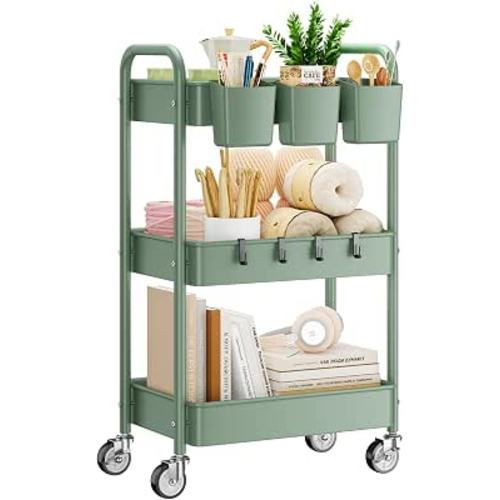 3-Tier Rolling Cart, Green, 66 Pounds Capacity, Mesh Storage Organizer with Lockable Wheels, 3 Hanging Cups, 4 Hooks, Easy Assembly, for Kitchen, Bathroom, Laundry, Grocery | Sturdy Rolling Storage Cart With Hooks & Hanging Cups, Great For Craft, Art Work