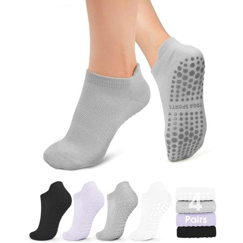 yeuG Pilates Socks for Women Non Slip Grip Socks for Yoga, Barre, Hospital, Barefoot Grippy Yoga Sock Womens Gifts 4 Pairs
