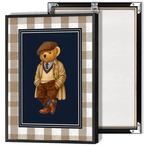 Vintage Teddy Bear Canvas Wall Art Polo Trench Coat Animals Poster Funny Minimalist Lattice Pictures Canvas Prints Painting For Living Room Bedroom Apartment Wall Decor 8x12in Wrapped Canvas