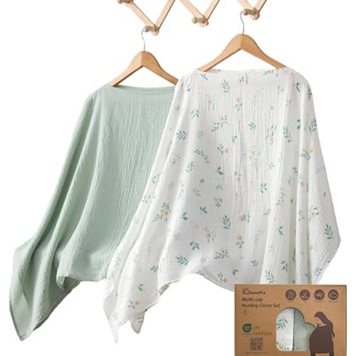 Nursing Cover for Breastfeeding, 2 Pack, 100% Cotton Muslin, 360° Privacy, Lightweight & Breathable, Multi-Use Baby Car Seat & Stroller Cover, Golden Yellow & Fresh Green
