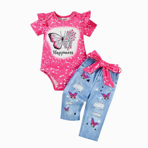 Ymyiu Newborn Outfit Girl Kids Girls Spring Summer Outfits Embroidery Lace Short Sleeve Romper Pants Three Piece Leisure Clothes Set Cute Outfit for Girl 0 3 Months (Hot Pink,0-3 Months)