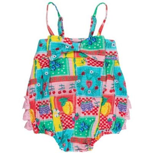 RuffleButts Baby/Toddler Girls Cotton Gauze Bow Front Bubble Woven Romper - Picnic Party, 6-12m