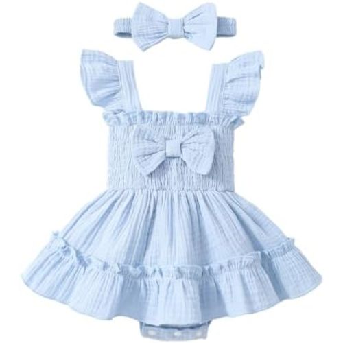 Newborn Baby Girl Summer Clothes Sleeveless Smocked Romper Dress Ruffles Jumpsuit Bodysuit with Bow Headband