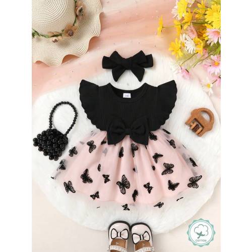 2pcs Set, Casual Elegant Sweet Cute Baby Girl Dress, Soft & Comfortable, Bow Decor Ruffle Hem Floral Embroidery Mesh Princess Dress & Headband Set, Baby Girl Clothing, Baby Girl Outfit, Suitable For Daily Wear, Vacation, Party, Photography | SHEIN