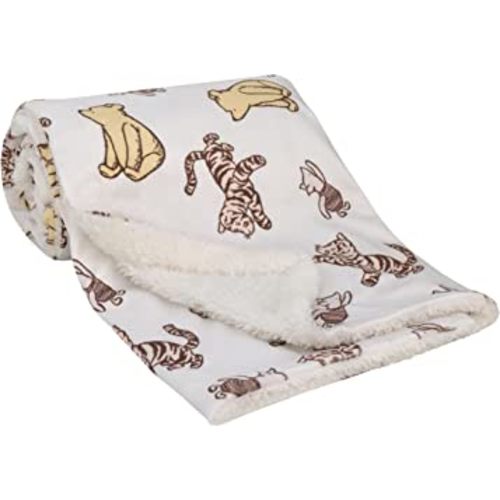 Disney Classic Pooh Hunny Fun with Piglet and Tigger White and Taupe Super Soft Baby Blanket