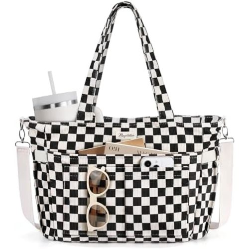 Corduroy Tote Bag for Women, 17 Pockets Laptop Work Tote Bag Lightweight Teacher Nurse Bible Bag for School Travel