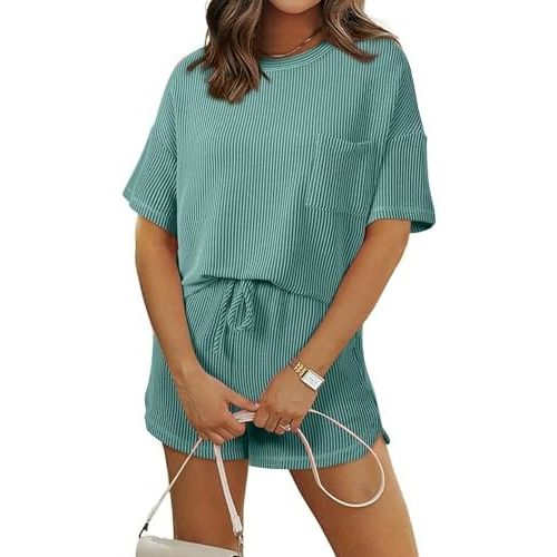SHEWIN 2 Piece Sets for Women Summer Short Sleeve Shirts High Waisted Shorts with Pockets Lounge Matching Set