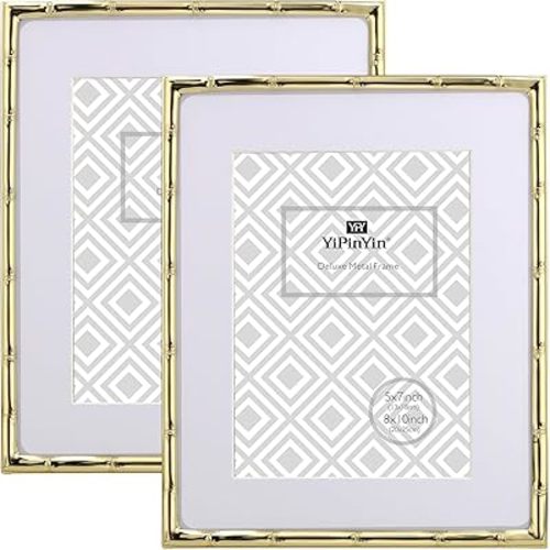 8x10'' Bamboo Detail Gold Metal Picture Frame with Acid Free Mat for 5 X7'' Set of 2, Elegant Narrow Plated Photo Frames 5x7'' With Velvet Backing for Desktop and Wall Décor(Gold)