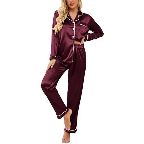 Ekouaer Women's Classic Button Down Long Satin Silk Pajama Set