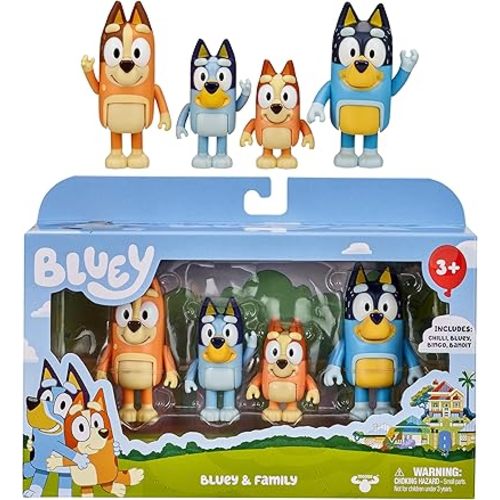 Bluey Family Figure Pack of 4, Robust Poseable Character Toys with Bingo, Chilli, and Bandit Figures, Toddler-Sized Animal Figurines for Kids Ages 3+