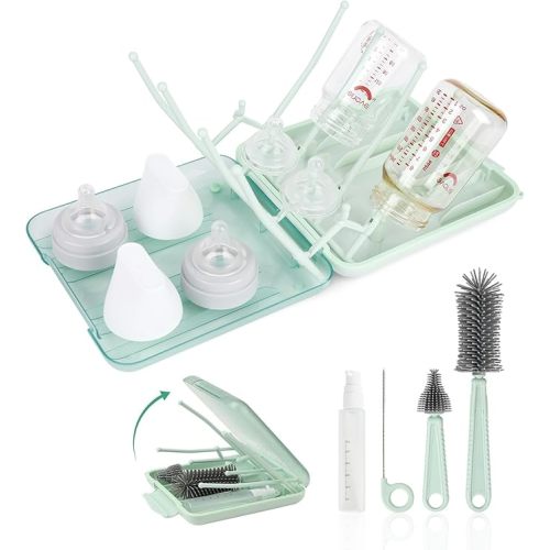 Baby Bottle Brush Set, 6-in-1 Travel Bottle Cleaning Kit with Silicone Bottle Brush, Nipple & Straw Brush, Soap Dispenser, Drying Rack, Storage Box – Compact Travel Baby Essential for Home & On-The-Go