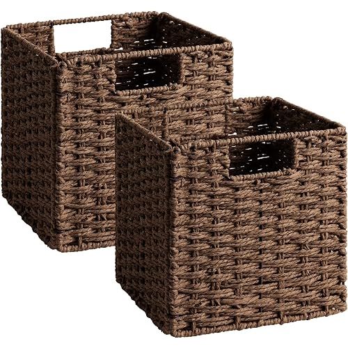 StorageWorks 9 inch Wicker Storage Cubes, Handwoven Wicker Baskets for Storage, Square Cube Organizer Bins, Foldable Paper Rope Basket for Organizing, Brown, 2 Pack
