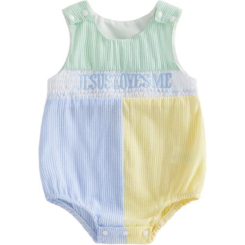 Jesus Loves Me Newborn Outfit Infant Baby Boy Letter Romper Shortalls Sleeveless Seersucker Striped Jumpsuit