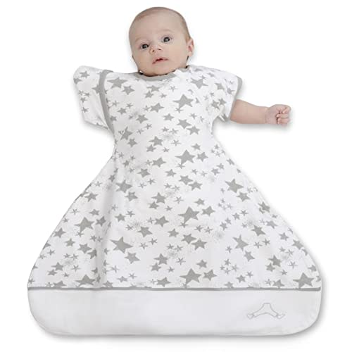 Clickyhips Swaddle Sack with Arms Up, Allows Babies HIPS to Move Freely, fits Newborn Babies 0-6 Months, 8-18 lbs, Arms in/Out Transition, Baby Sleep Sack, Organic Cotton, White with Gray Stars