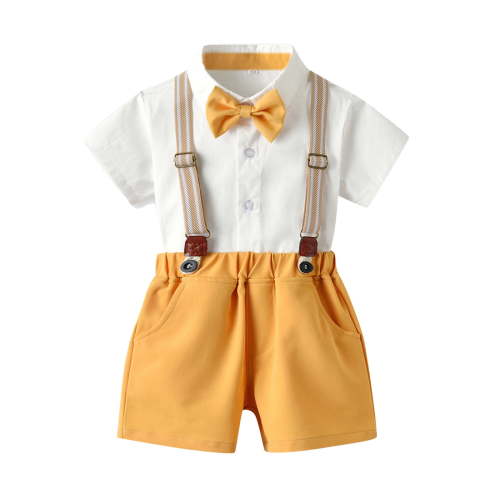 WUANDIXFA Baby Boy Baptism Outfit Baby Boy Clothes Suits Gentleman Wedding Outfits Short Sleeve Shirt + Bowtie + Suspender Shorts Set Yellow,12-18 Months