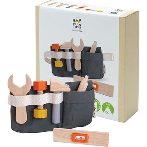 PlanToys® Wooden Tool Set for Toddlers | Includes Hammer, Wrench, Screwdriver, Ruler & Bolt | Pretend Construction Play Set | Eco-Friendly Montessori Educational Toy for Hands-On Learning