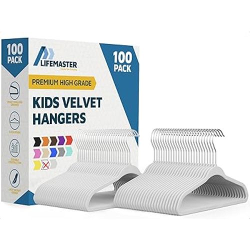 White Velvet Kids Hangers 100 Pack, 10.83" Non-Slip Baby & Toddler Hangers for Clothes, Space-Saving Slim ABS Plastic with 360° Swivel Hook & Notched Shoulders, Up to 10 lb Capacity