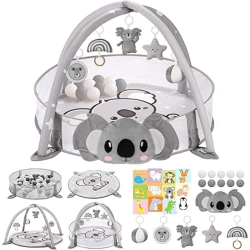 7-in-1 XL Large Baby Play Gym Mat, Tummy Time Mat, Baby Gym & Ball Pit, Baby Activity Mat with Milestone Cards & 6 Detachable Toys for Sensory Motor Skill, Grey Koala