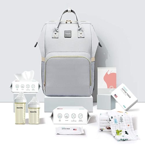 HaloVa Diaper Bag Multi-Function Waterproof Travel Backpack Nappy Bags for Baby Care, Large Capacity, Stylish and Durable Light Gray…