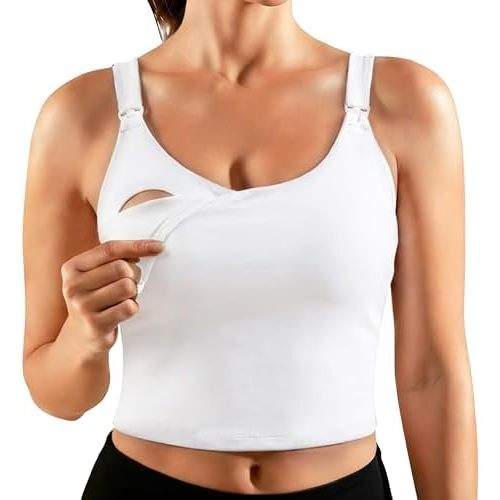 Ecavus Nursing Bras for Breastfeeding Longline Sports Maternity V Neck Buttery Soft Crop Tank Top with Built in Bra