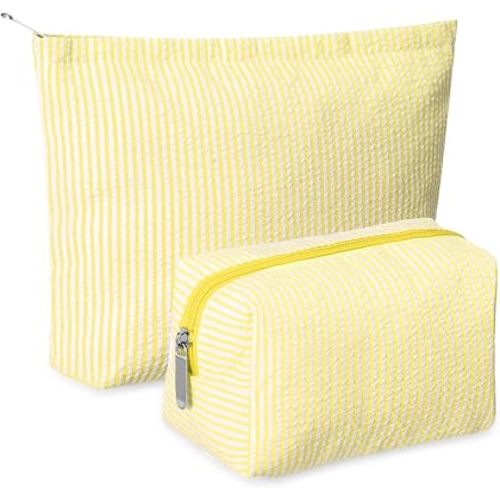 Huhumy 2 Pcs Makeup Bag Set for Women, Yellow, Thin Stripe
