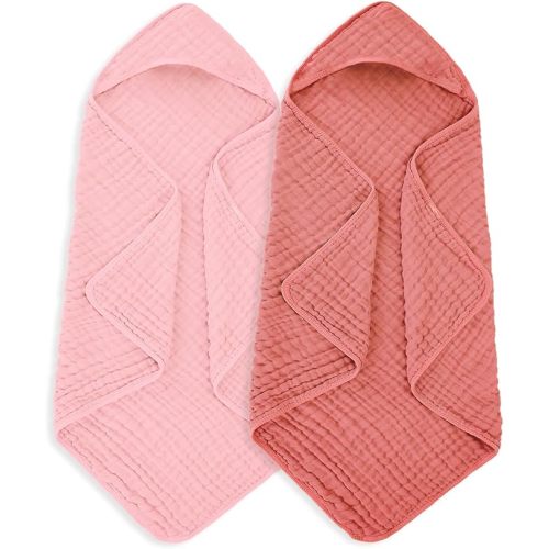 Muslin Hooded Baby Towels 100% Cotton ，Super Soft Muslin Baby Bath Towel - 32 x 32 Inches, Suitable for Newborn and Young Children up to 3 Years Old. (Light Pink & Dark Pink)