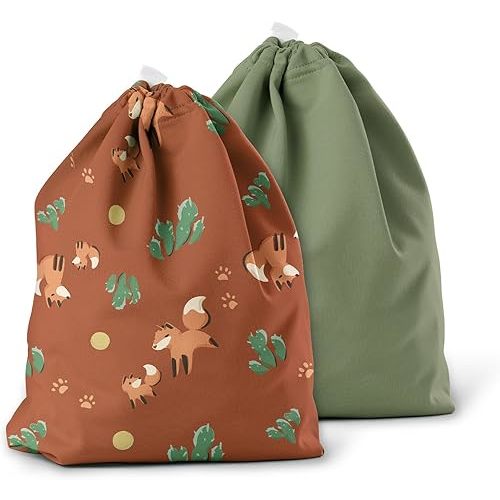 Esembly Ditty Bag Duo - Reusable Waterproof Wet Bags for Cloth Diapers, Swimsuits, Toiletries, and Snacks, Set of 2 - MC Foxes + Aloe