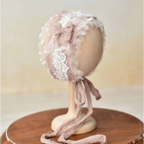 Newborn Lace Bonnet, Boho Beige Hat, Baby Photo Props, Baptism Girl Outfit, Newborn Gift Basket, Expecting Mom Gift