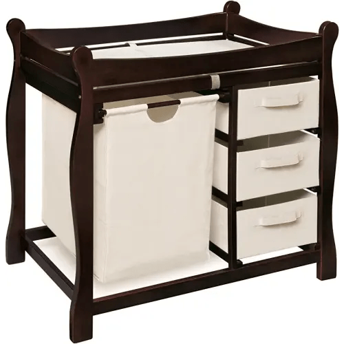 Badger Basket Sleigh-Style Baby Changing Table - Diaper Changing Station with 3 Storage Baskets - Nursery Organizer with Hamper, Changing Pad, Safety Rails - Espresso